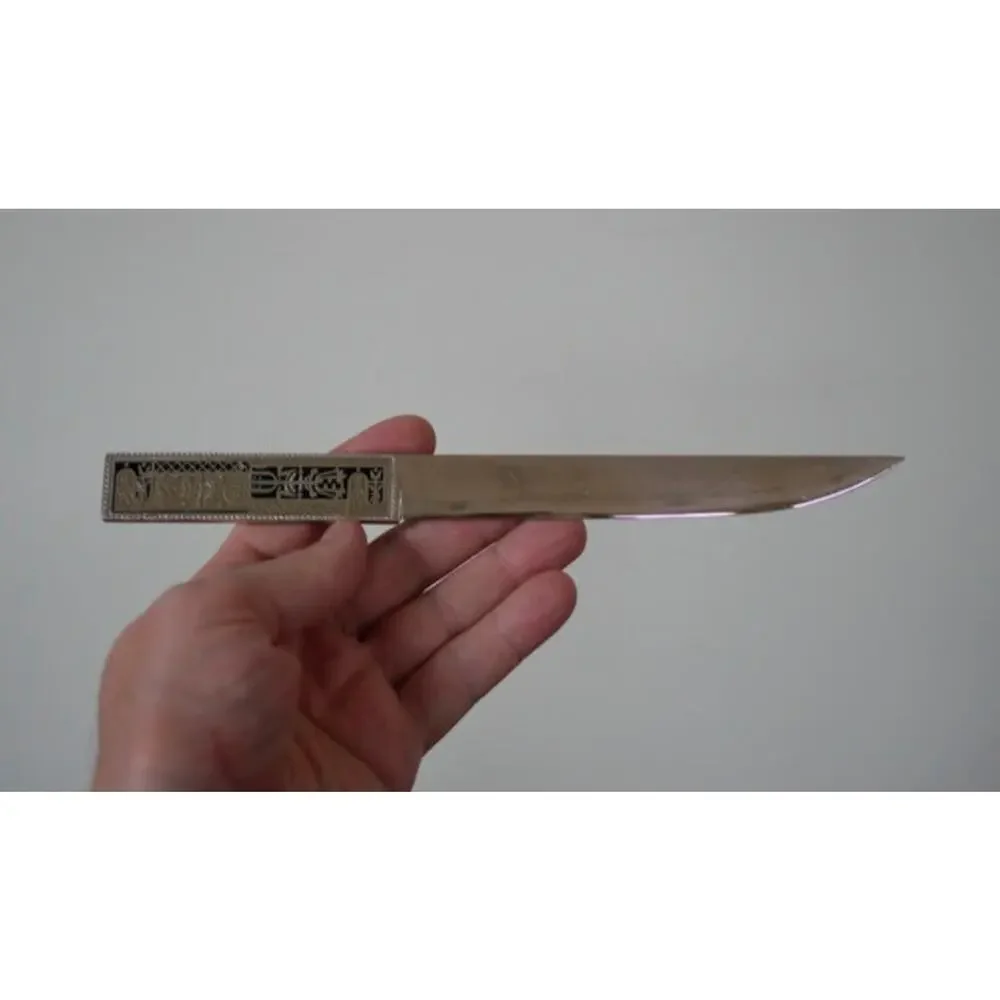 Vintage Mid Century Ethnic Stainless Letter Opener Ruler Knife w/ Leather Case